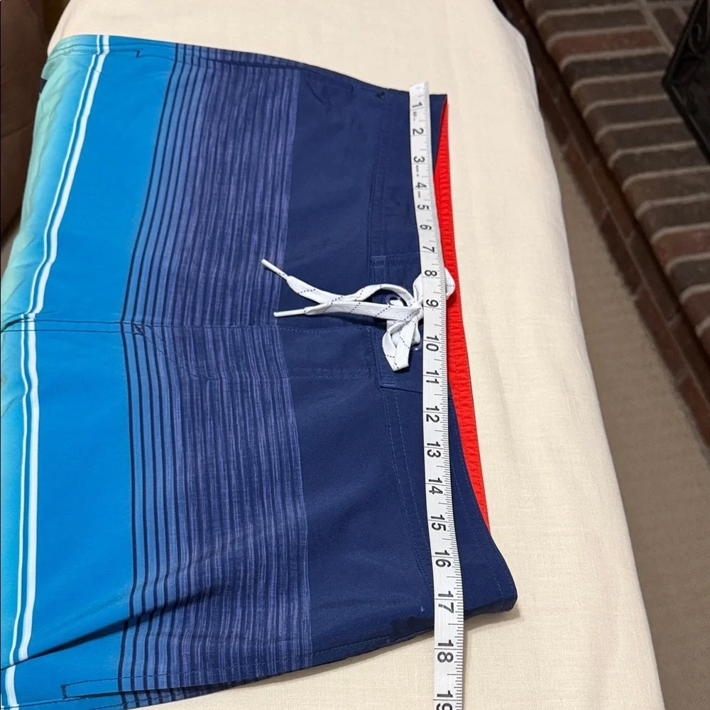Goodfellow Navy and Aqua Striped Men’s Swim Board Shorts, Size 33”